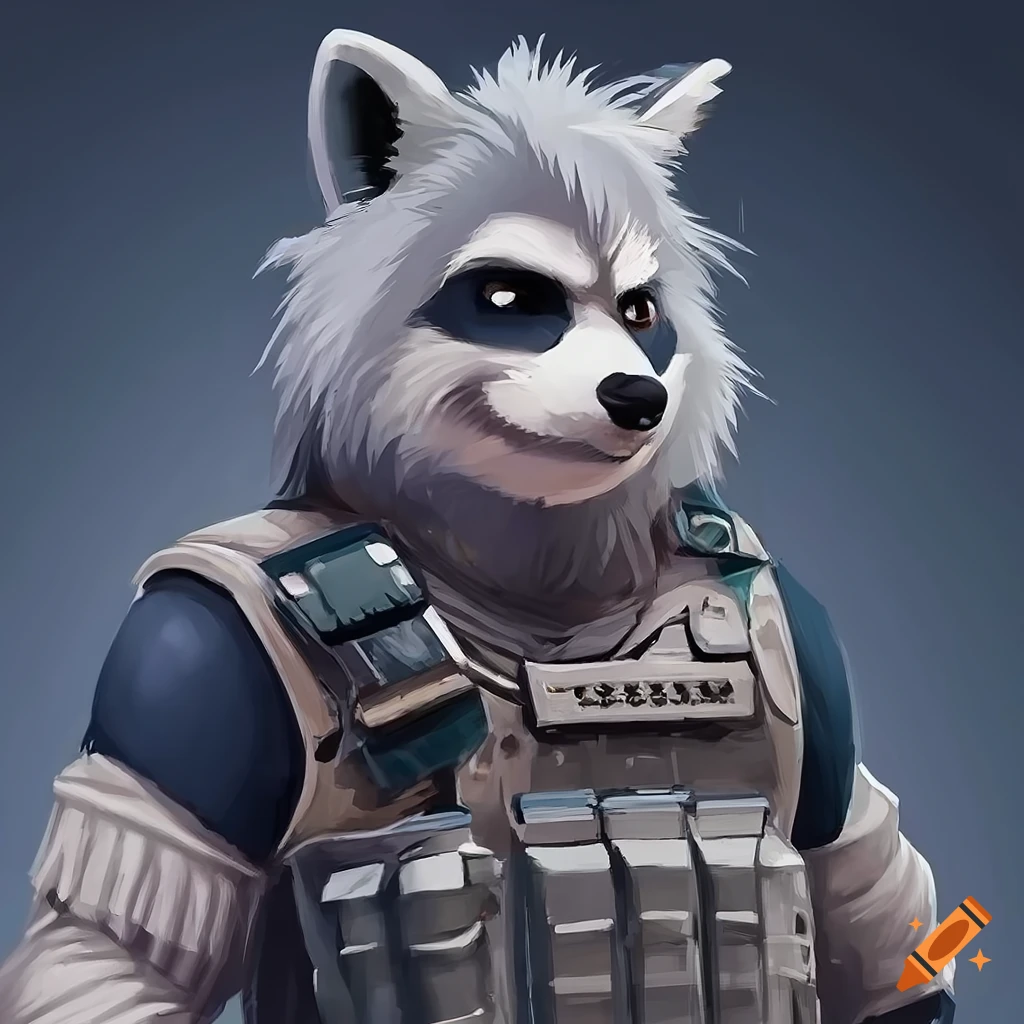 Portrait of a strong anthro furry raccoon with long grey fur and modern tactical outfit