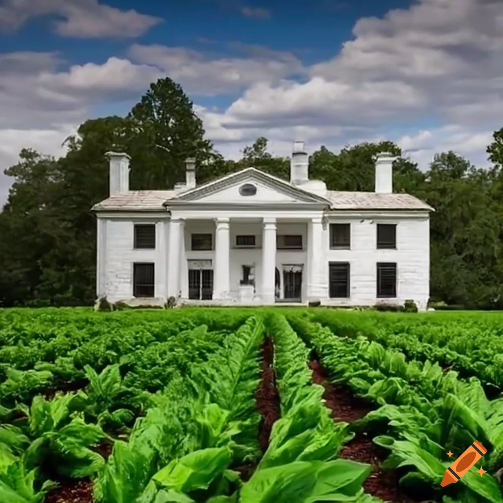 Tobacco plantation with a large white stone mansion in the western style
