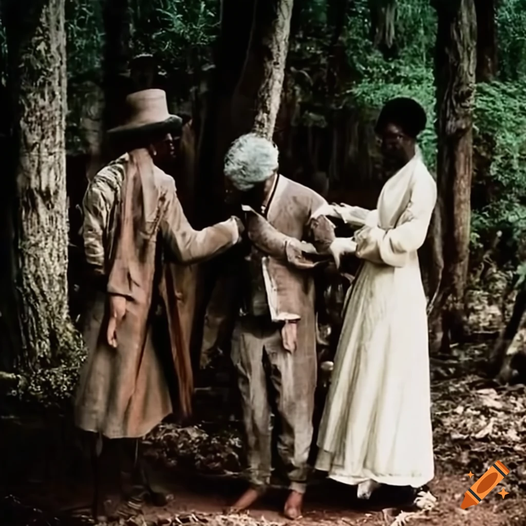 Plantation owner distributing freedom papers to former slaves in a