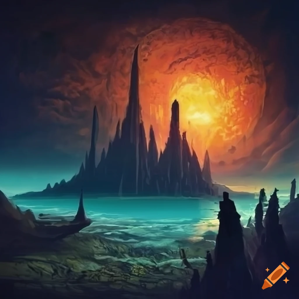 Detailed alien landscape in a prog rock album cover fantasy on Craiyon