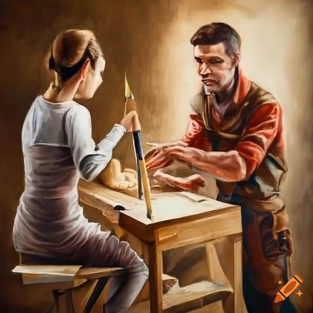 Realistic painting of a carpenter with a pencil and clients discussing business
