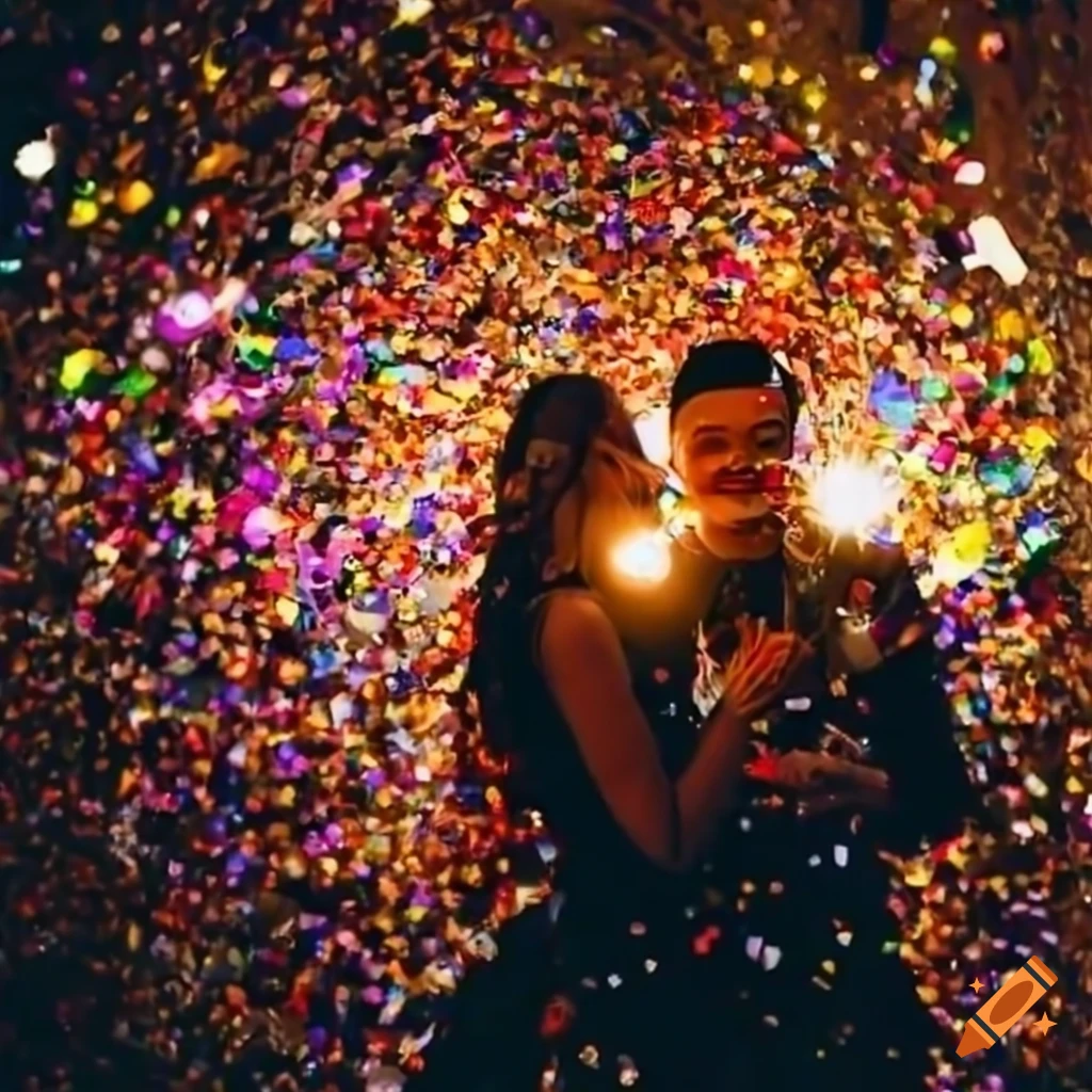 New Year's Eve celebration with confetti and balloons on Craiyon