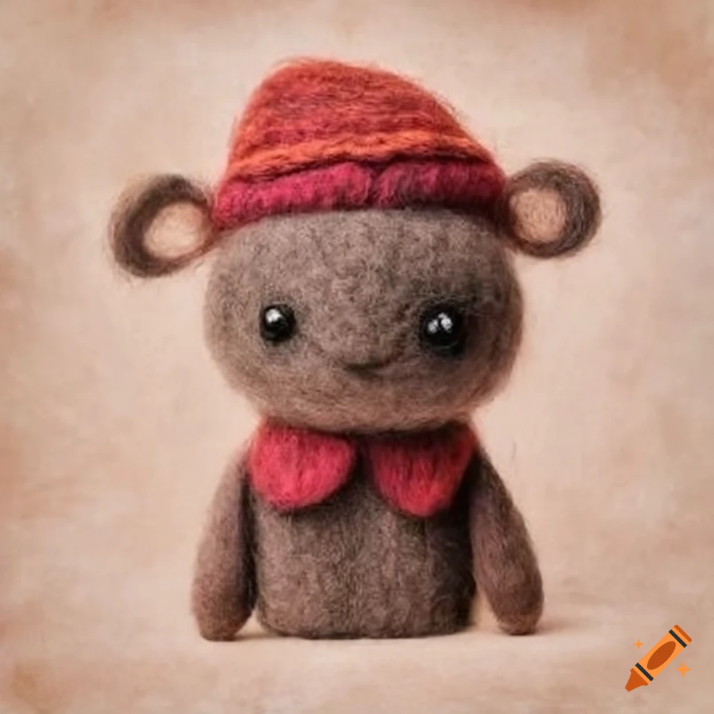 Felted wool creatures with trendy clothing on textured background