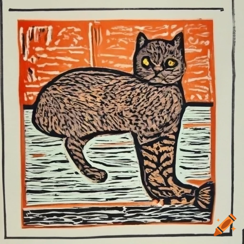 Cat in pastel colors with a lino print style