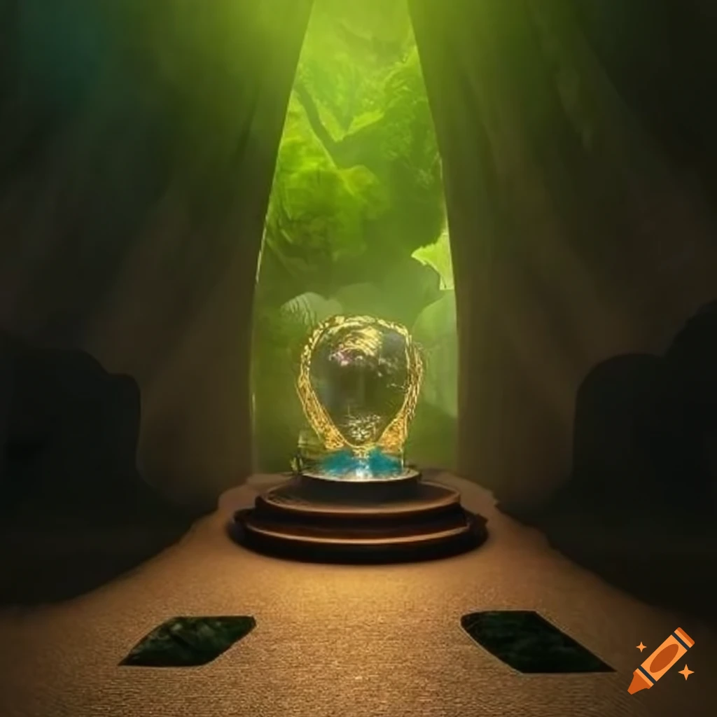 Intricately designed cave with a FIFA World Cup style trophy in sunlight among foliage
