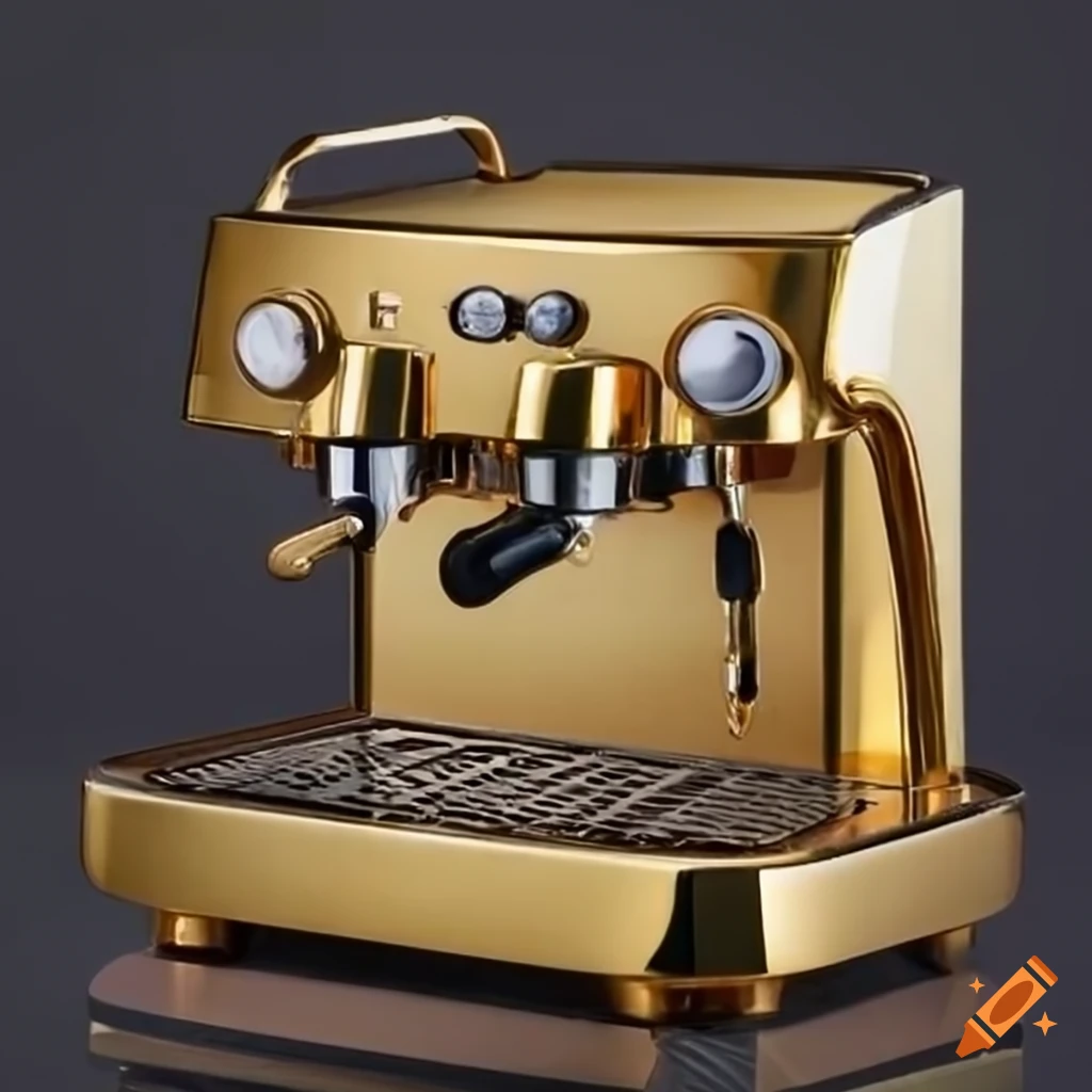 Electric gold plated espresso coffee machine in a studio setting