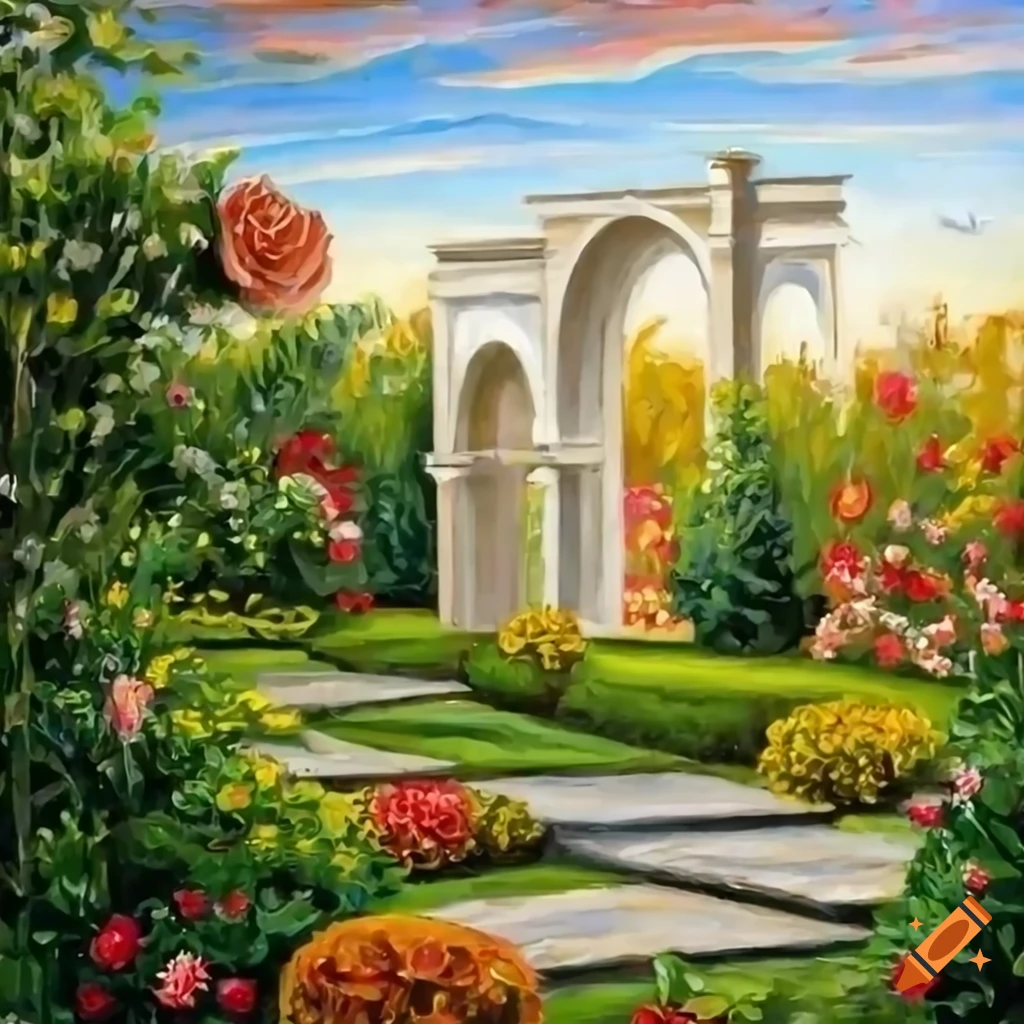 Illustration of Queen of Hearts labyrinth garden with golden gate and luxurious background
