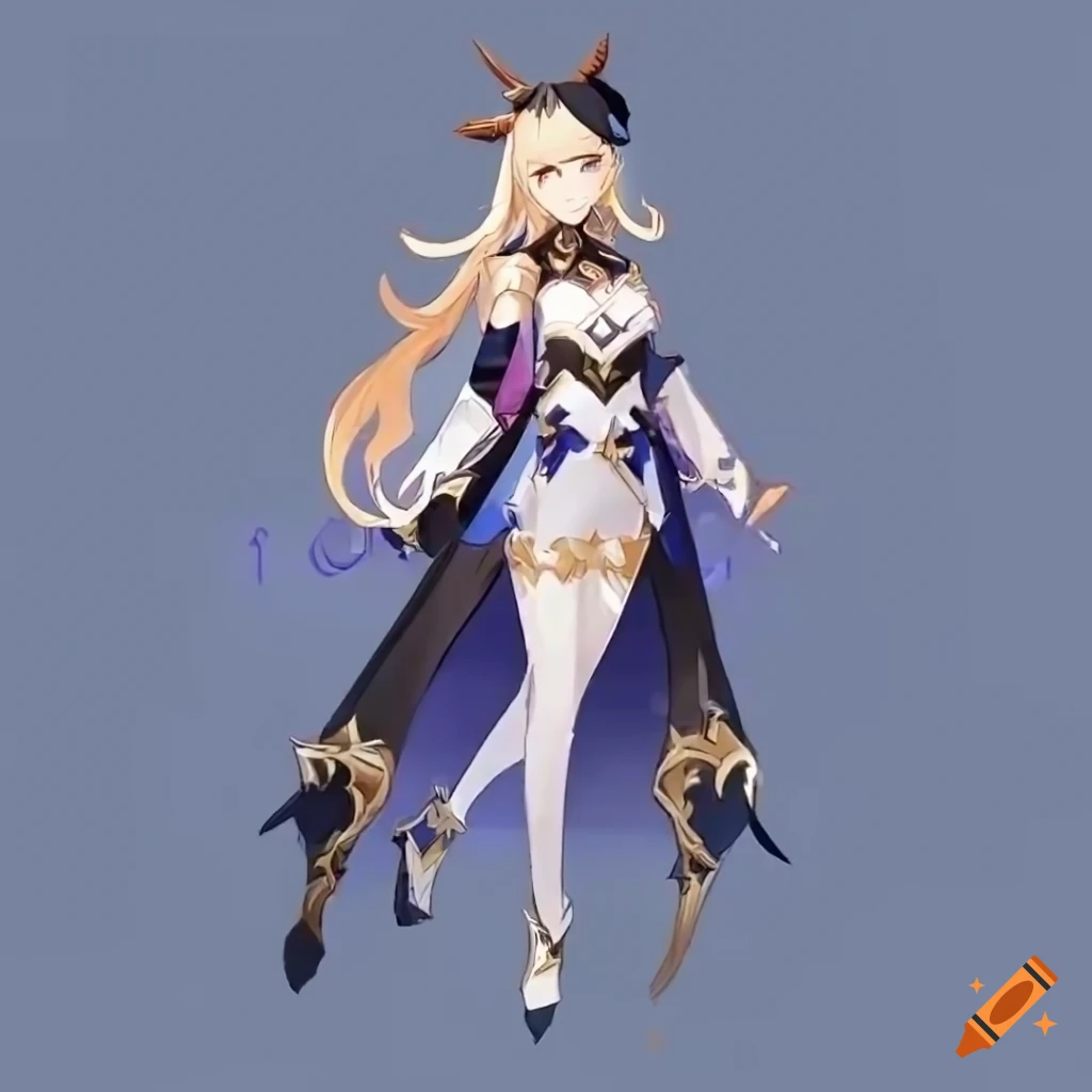 Full-body character design of a woman in detailed Genshin Impact outfit