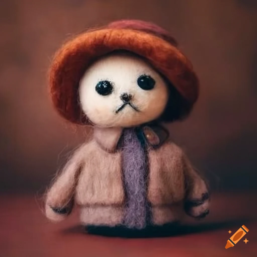 Felted wool creatures in stylish outfits on textured background