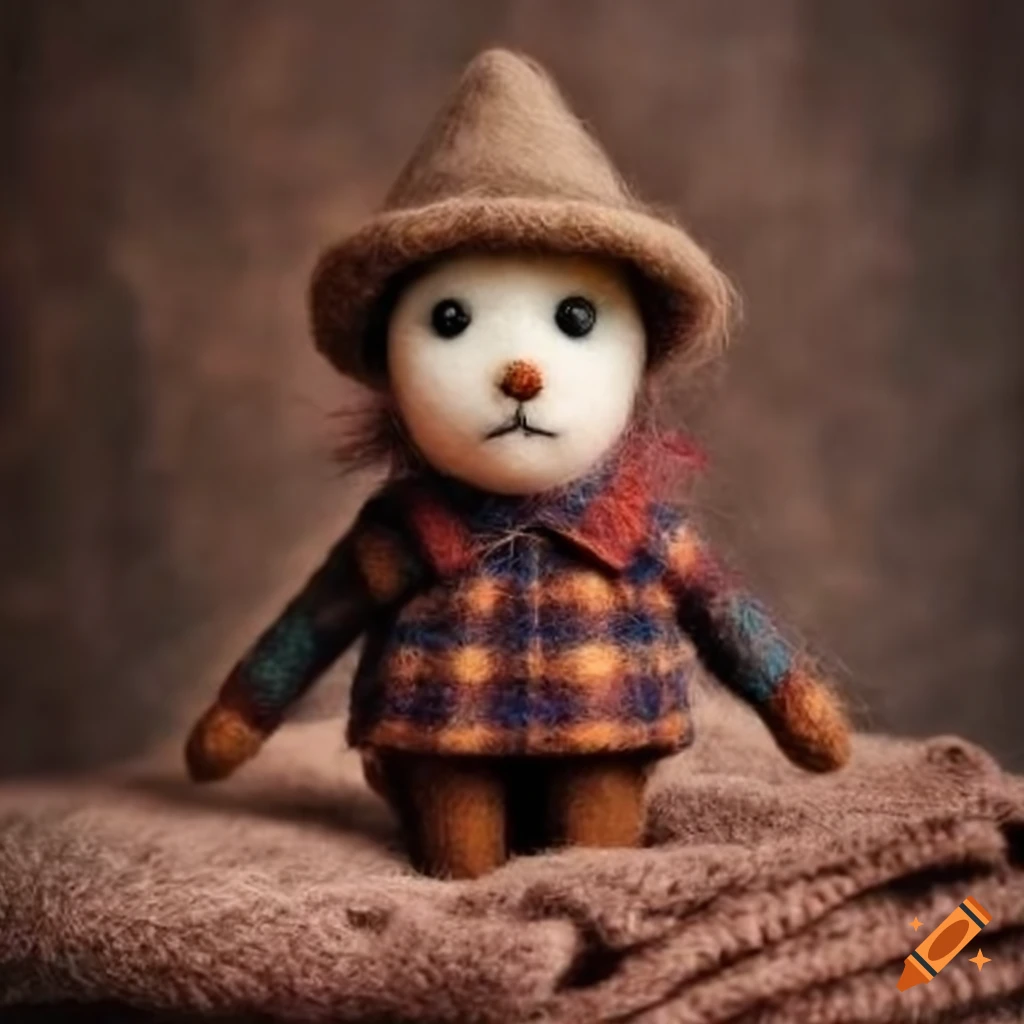 Felted wool creatures wearing stylish outfits on textured background