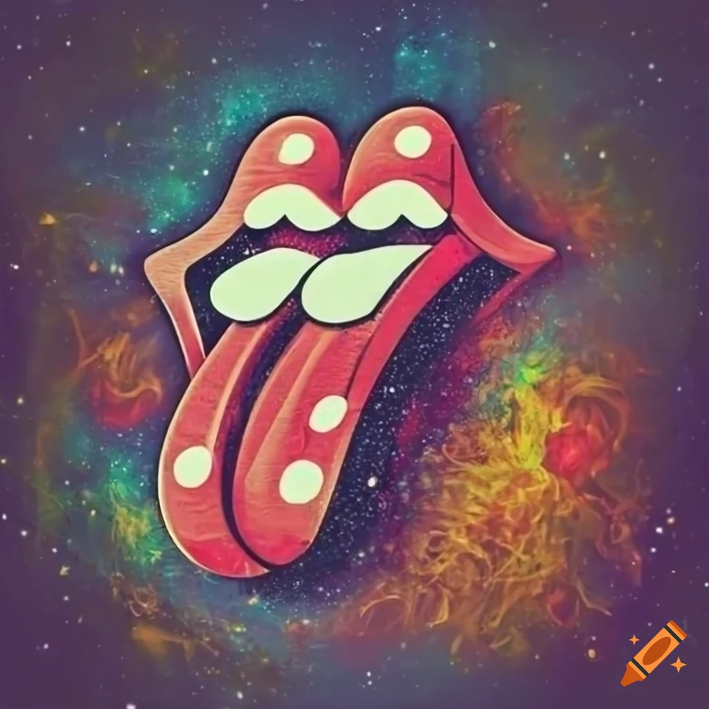 Vintage retro rock and roll god playing guitar with The Rolling Stones  style tongue and lips, psychedelic galaxy background on Craiyon, image size:1024x1024