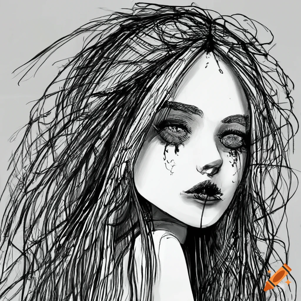 Ink drawing of a girl with tousled long hair in black and white