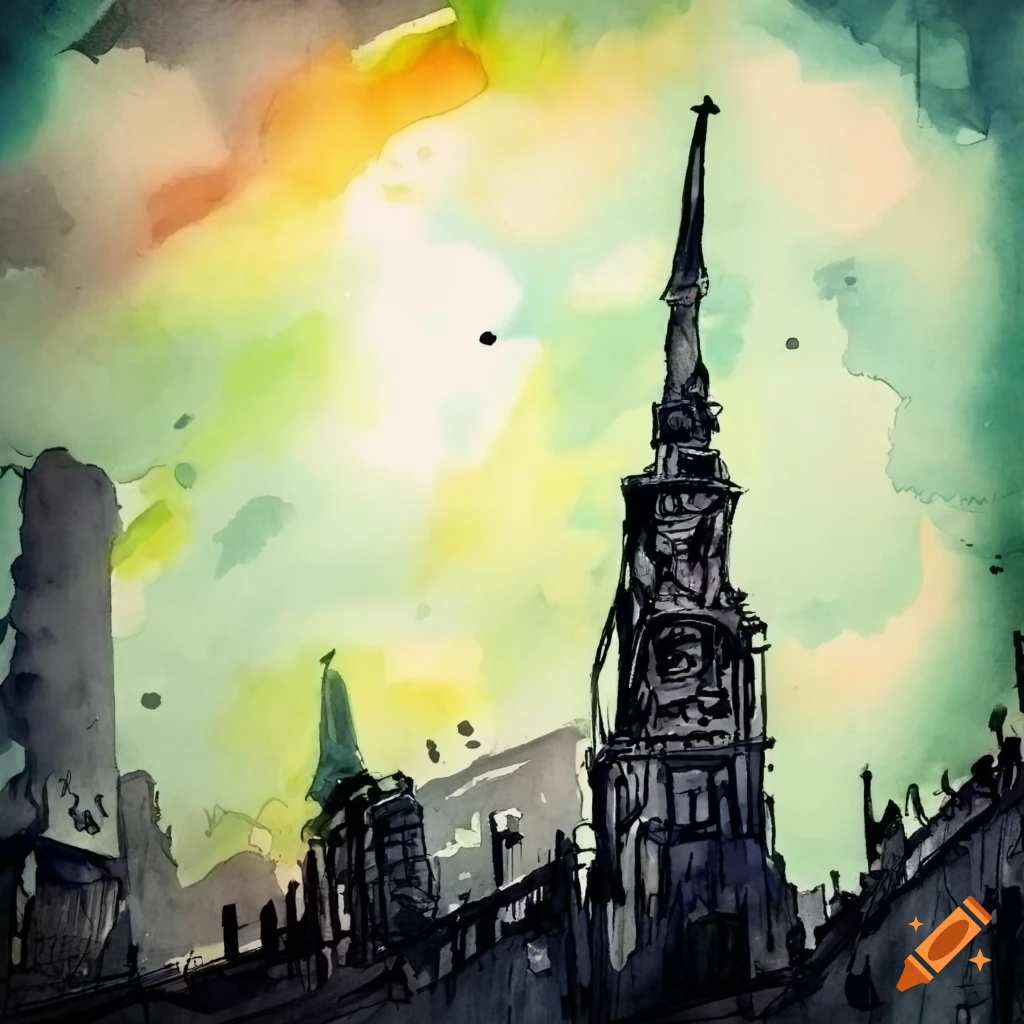 Sketch of an apocalyptic city in watercolor on Craiyon