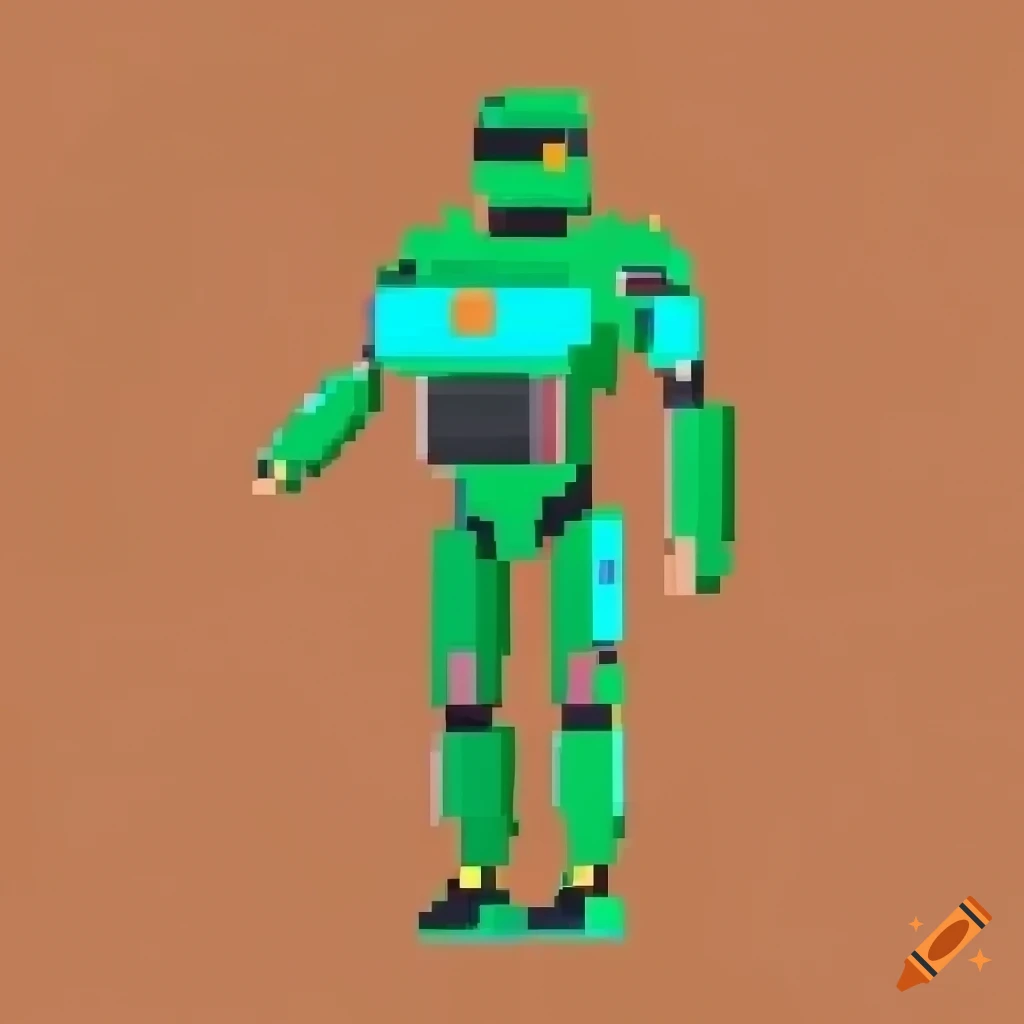 8-bit man in a green robotic suit on an orange background