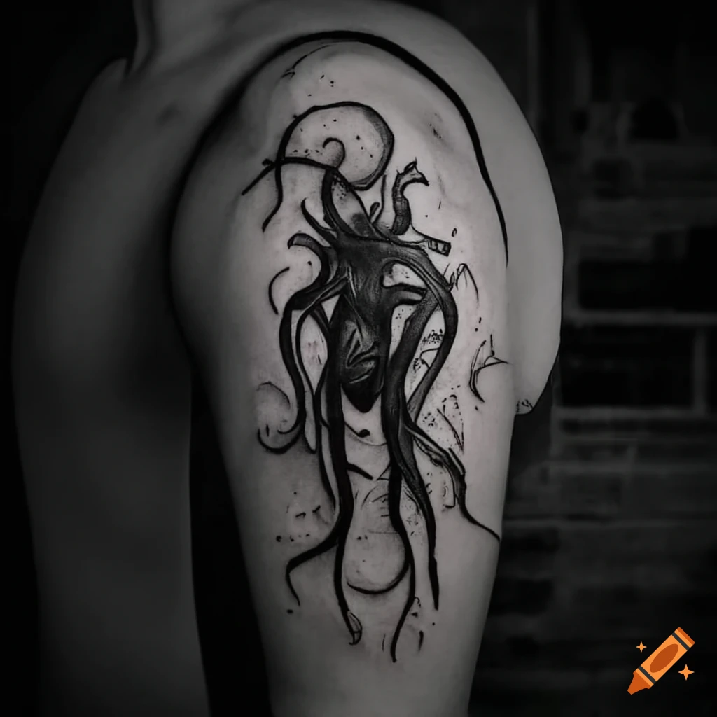 Lovecraftian shadow monster minimalist black and white tattoo sketch