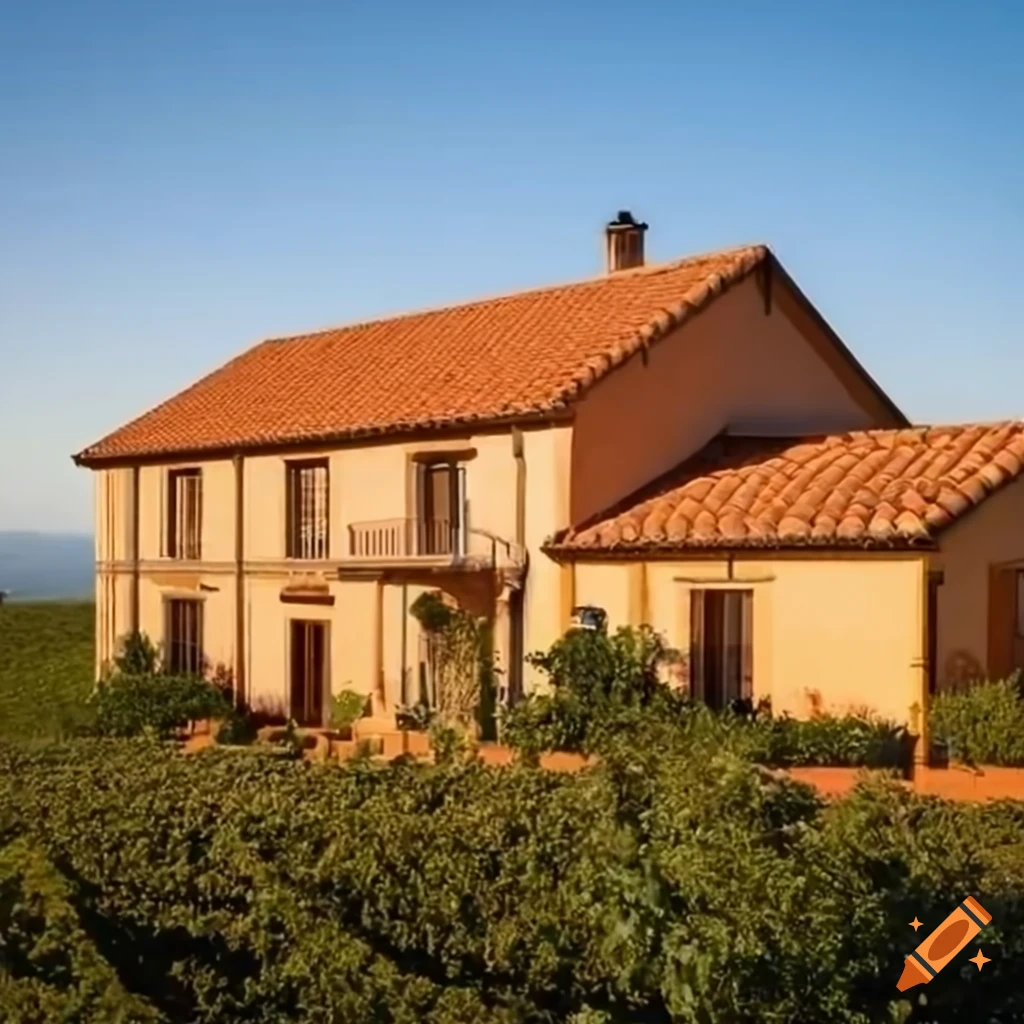 Stunning Mediterranean villa with vineyards and terracotta roof at sunrise