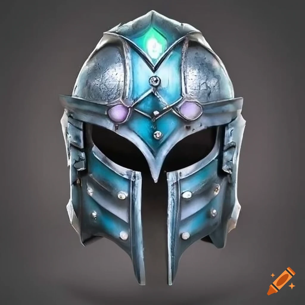 Front view of a detailed light magical open steel helmet in a fantasy style