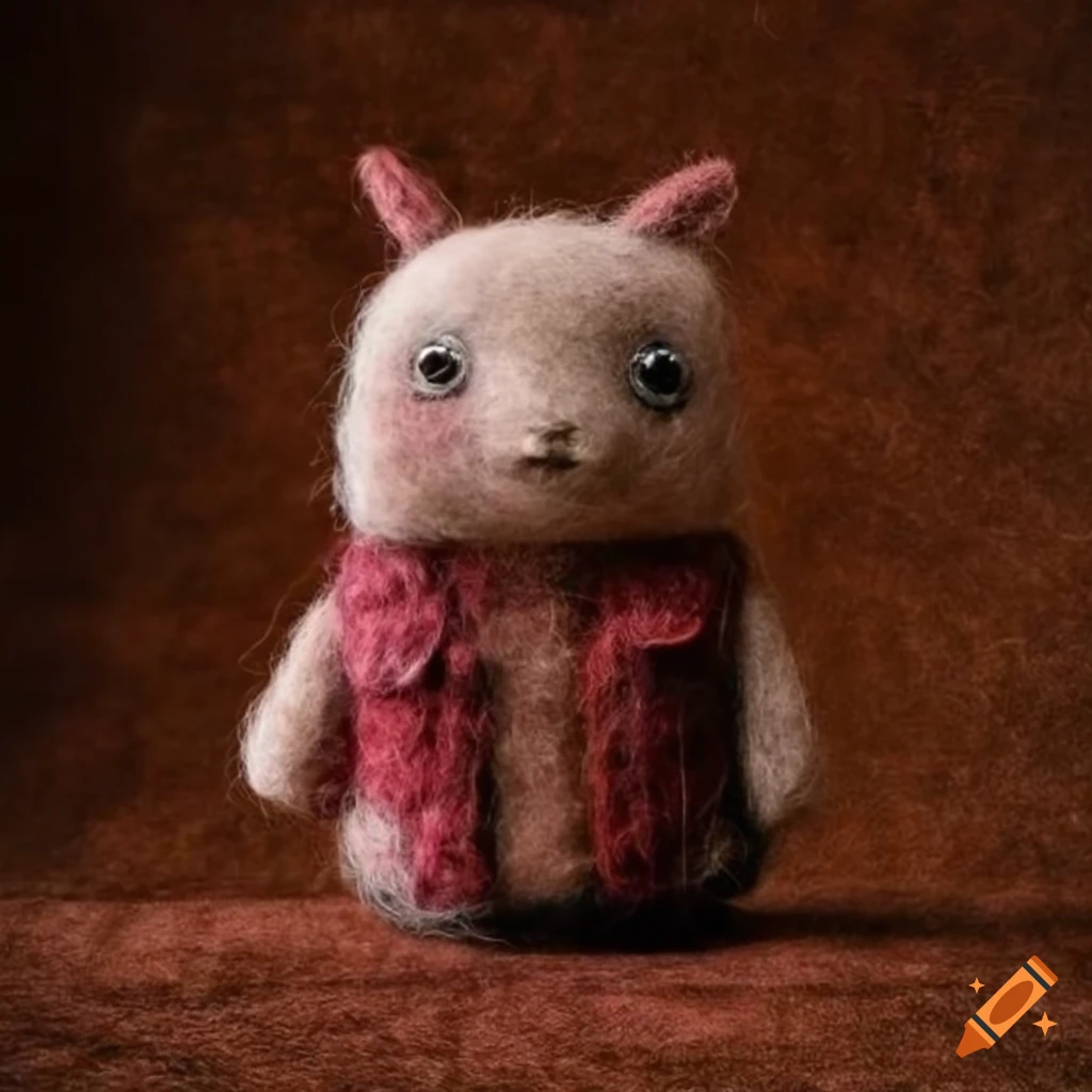 Felted wool creatures with trendy clothing on textured background