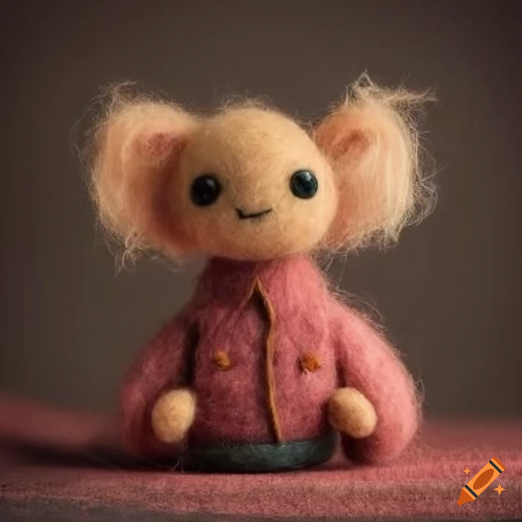 Felted wool creatures wearing stylish outfits on textured background