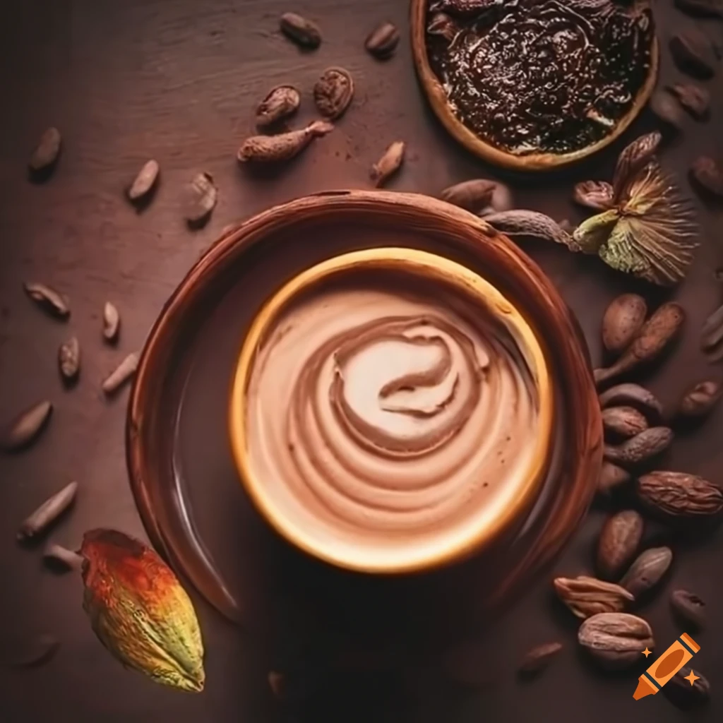 Ceremonial creamy cacao drink in a beautiful cup from a bird's eye view