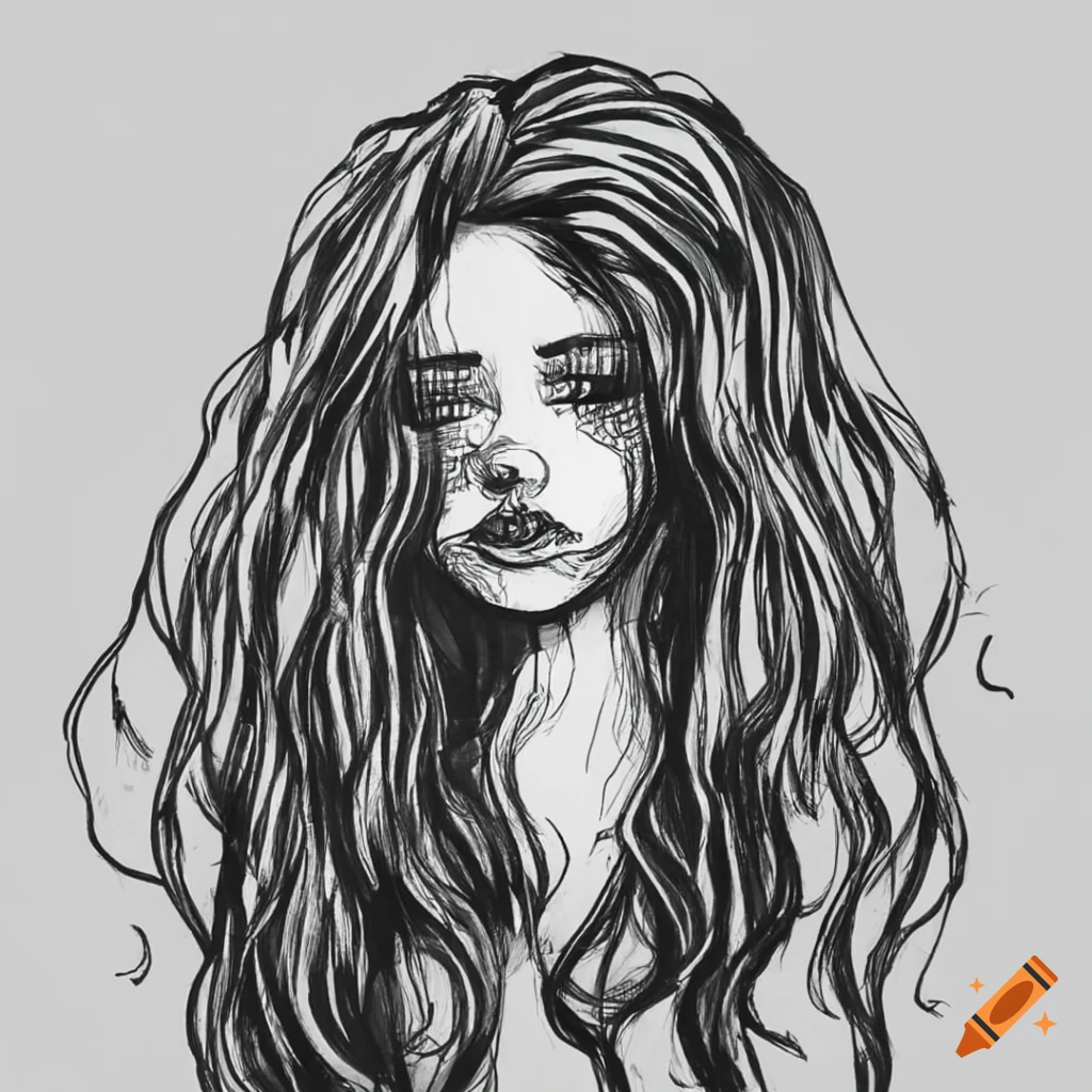 Ink drawing of a girl with tousled long hair in black