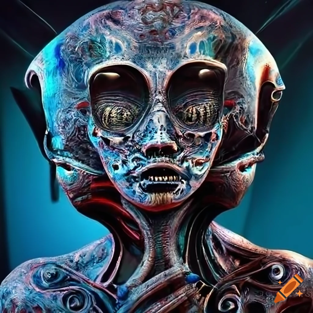 Psychedelic black and white alien creatures in sci-fi attire with gears and machines