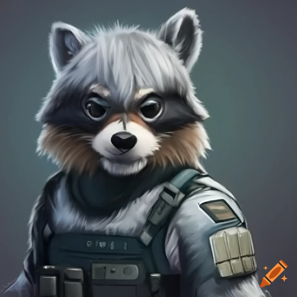 Portrait of a strong anthropomorphic furry raccoon with grey fur and modern tactical outfit