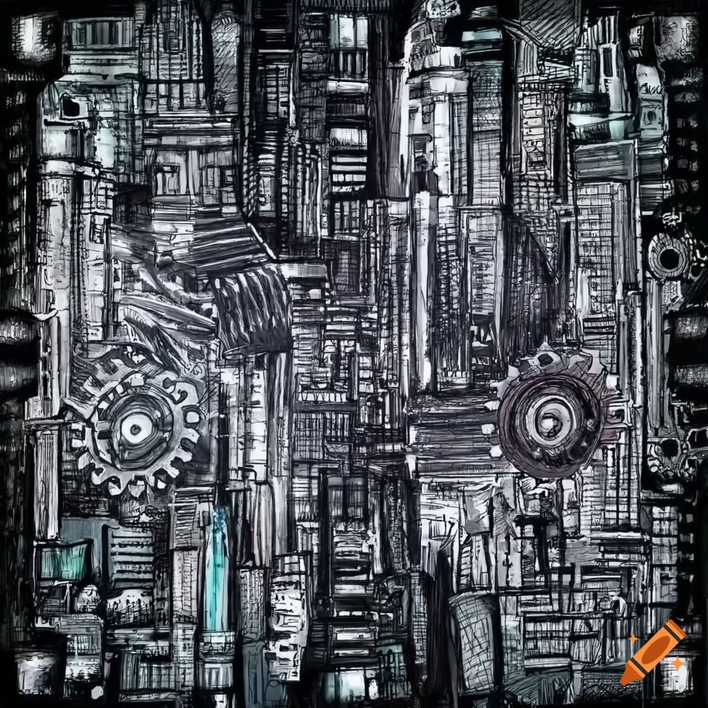 Cyberpunk cityscape with pipes, gears, and electronic circuits drawn in graphite pencil on
