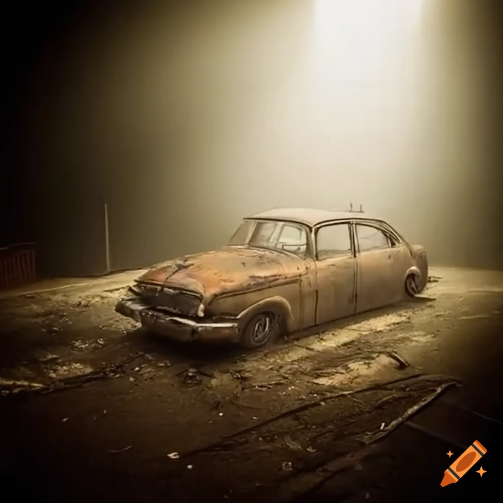 Abandoned car in a mall surrounded by gold fog