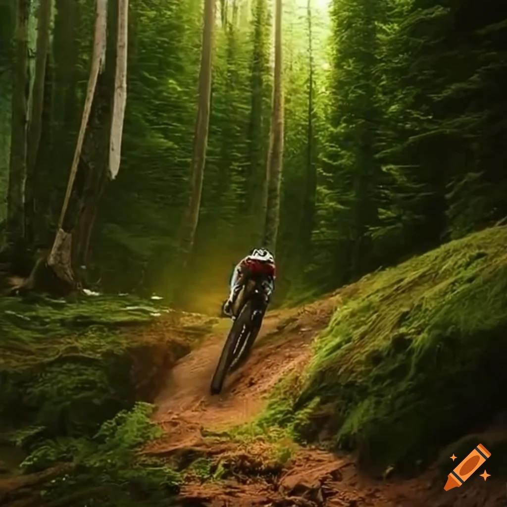 Downhill mountain biking in a forest with breathtaking terrain
