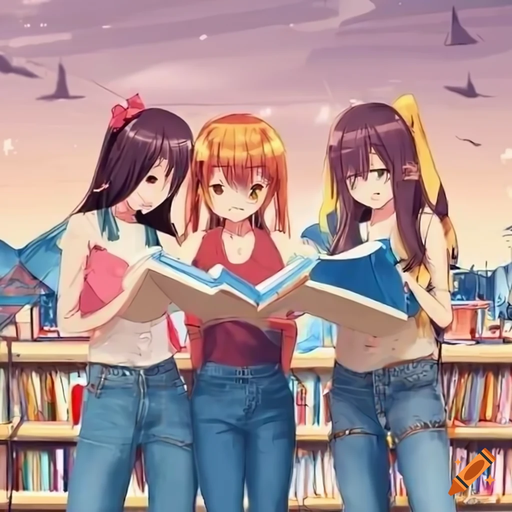 Anime girls reading science books at a book bazaar with a harbor backdrop