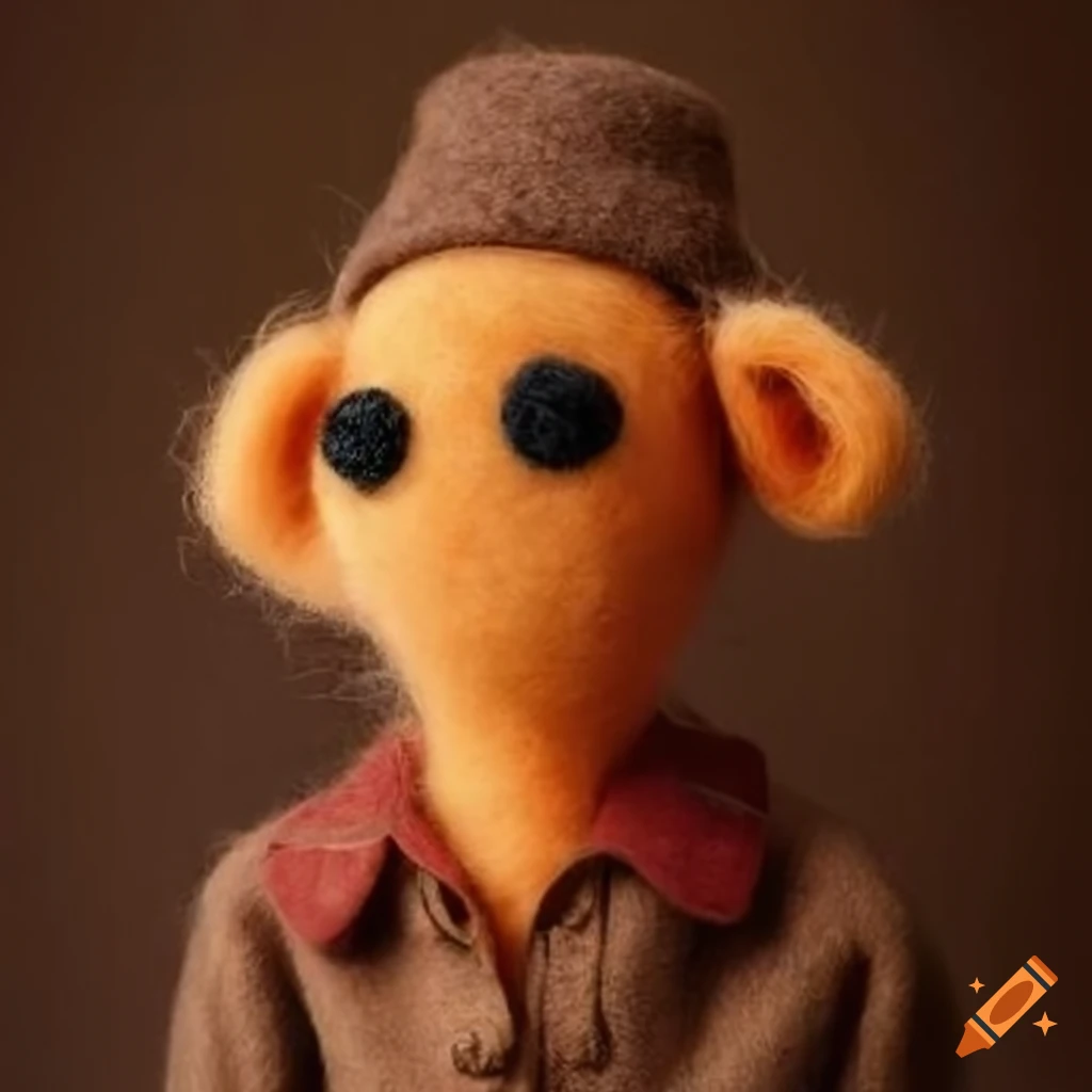 Felted wool creatures wearing stylish outfits on a textured background