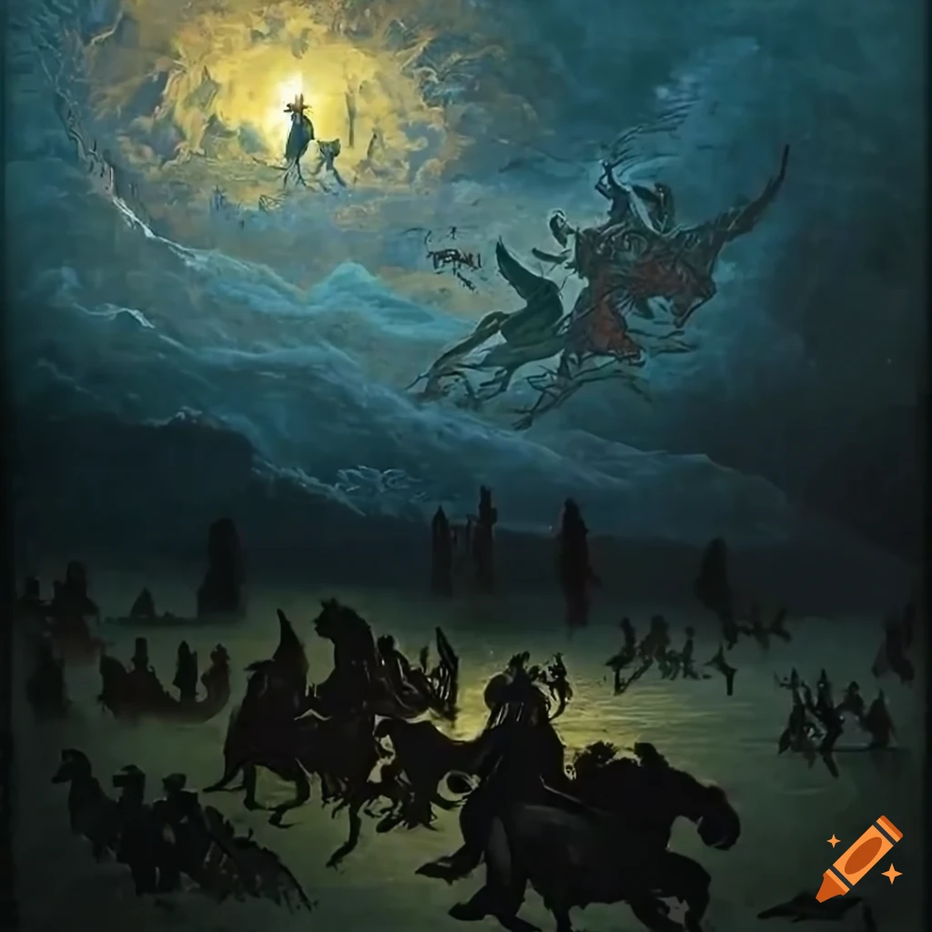 Four Horsemen of the Apocalypse riding through a dramatic sky, inspired by Gustave Dore