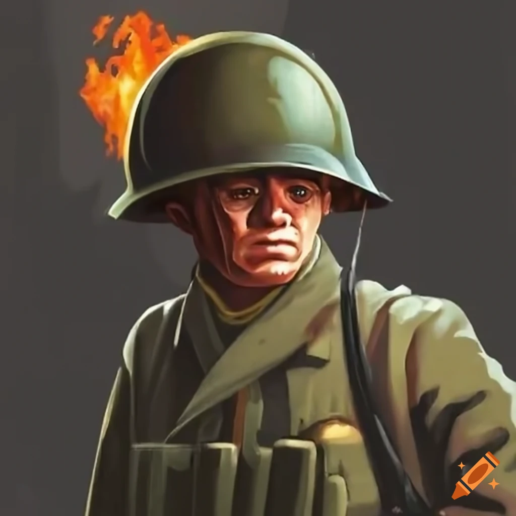 Wwii soldier watching a burning projector on Craiyon