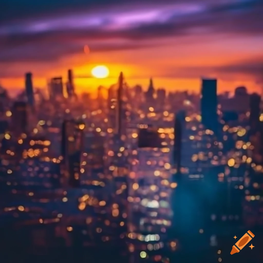 Cityscape during golden hour with bokeh effect