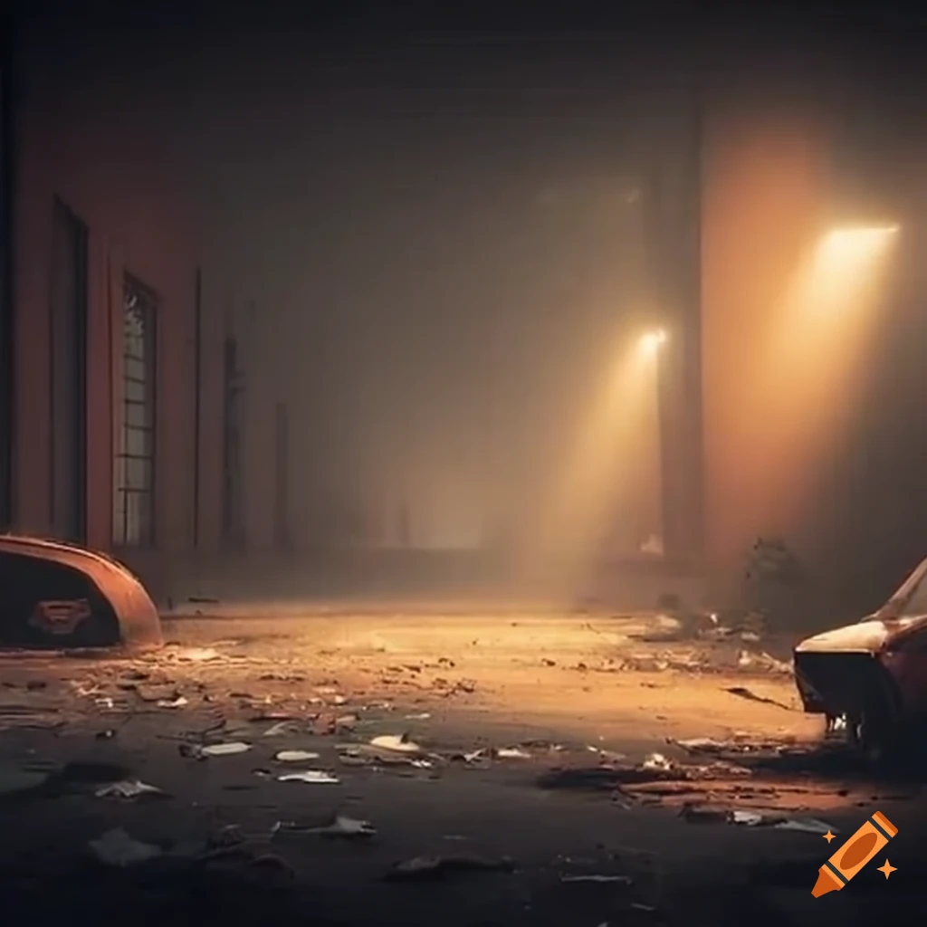 Abandoned cars in a foggy abandoned mall