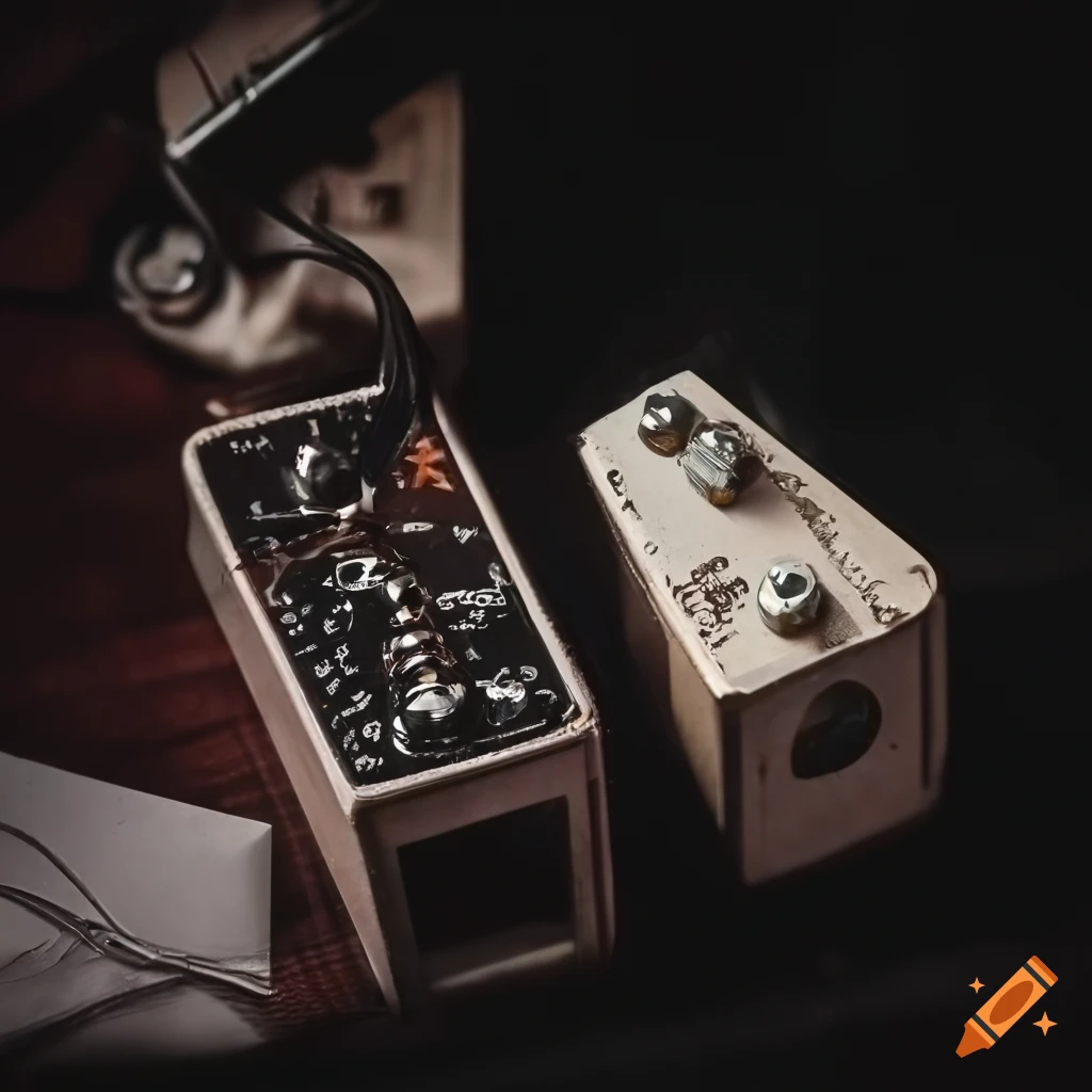 Three broken guitar pedals connected by damaged patch cables on Craiyon