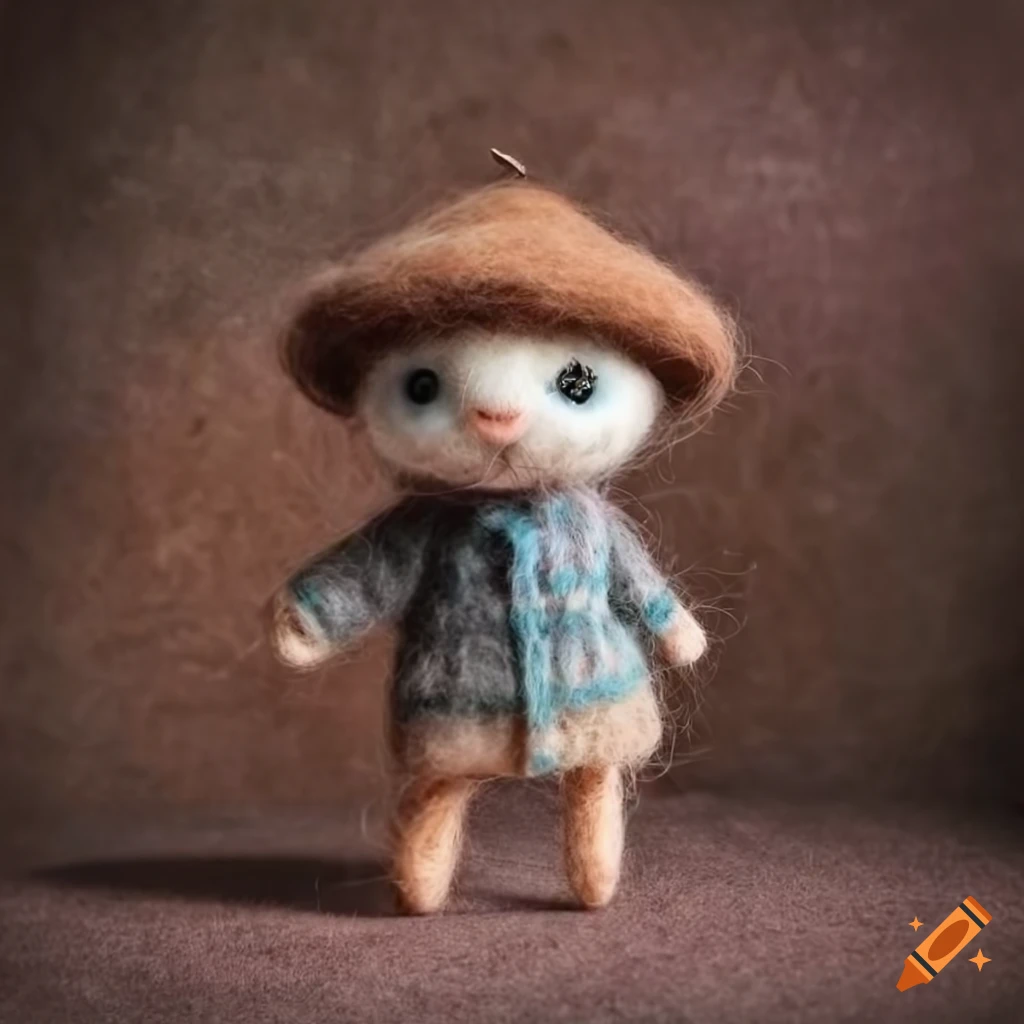 Felted wool creatures wearing stylish outfits on a textured background