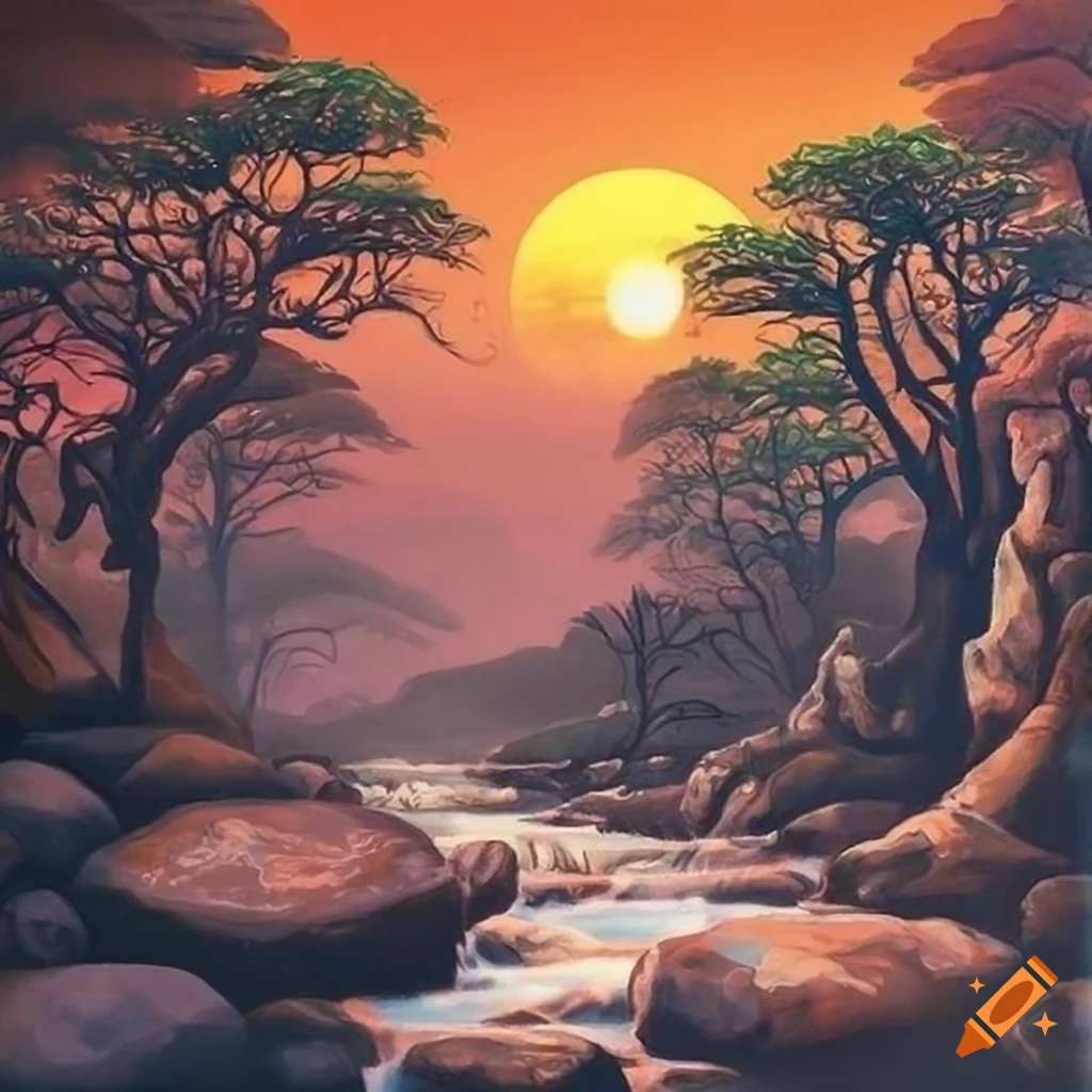 Shivaloka with Indian trees, stream, and rising sun in an airbrushed painting