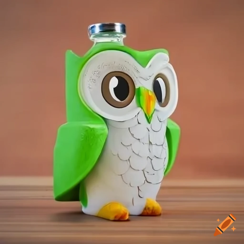 Vodka bottle shaped as duolingo's iconic owl on Craiyon