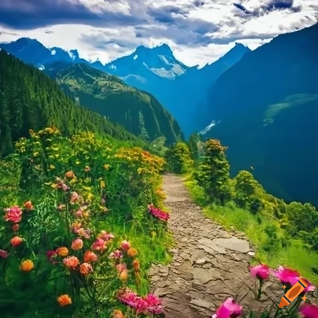 Mountains and flowers on a path on Craiyon