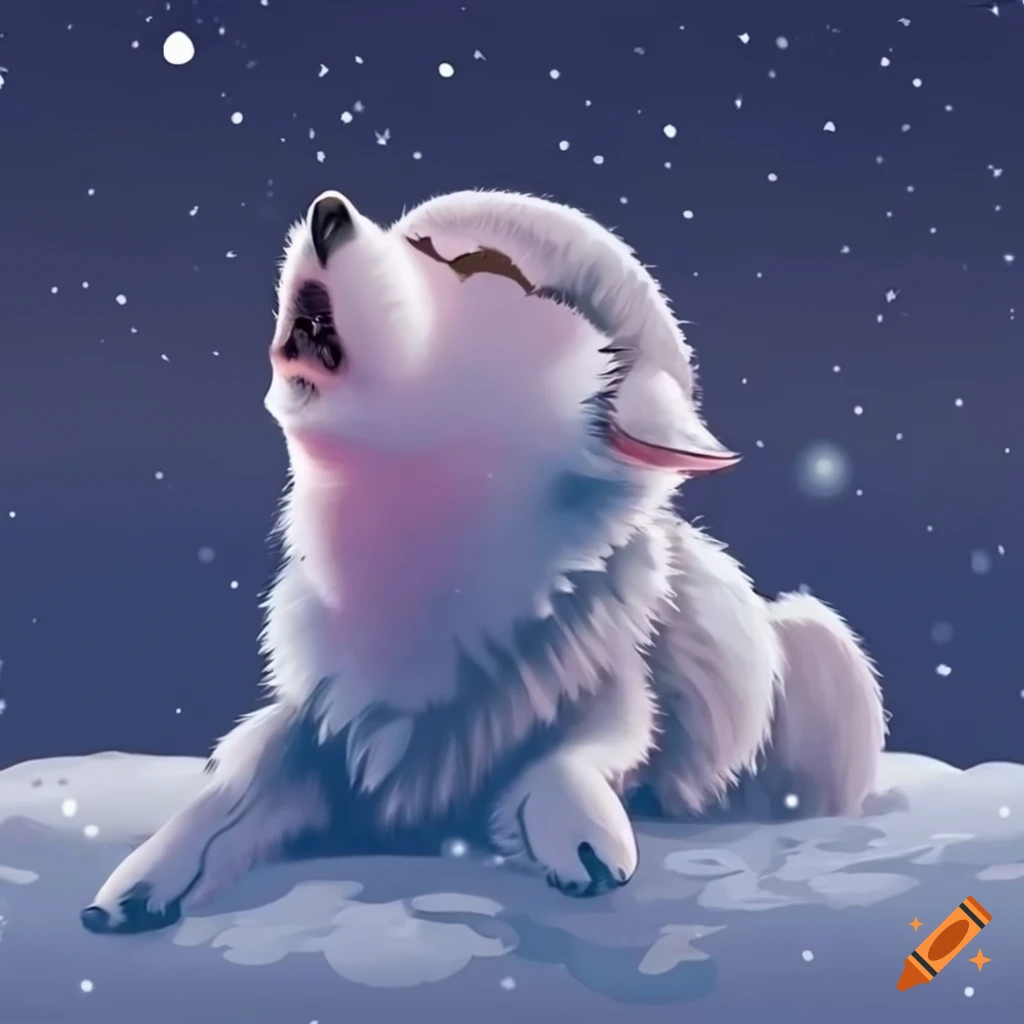 Cute wolf howling at the moon in the snow on Craiyon