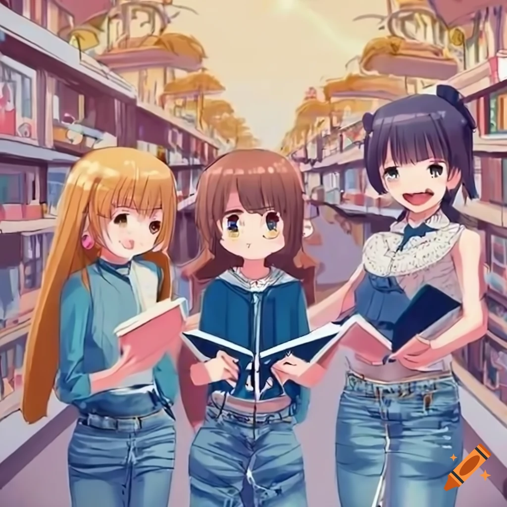 Anime girls reading science books at a book bazaar with a harbor backdrop