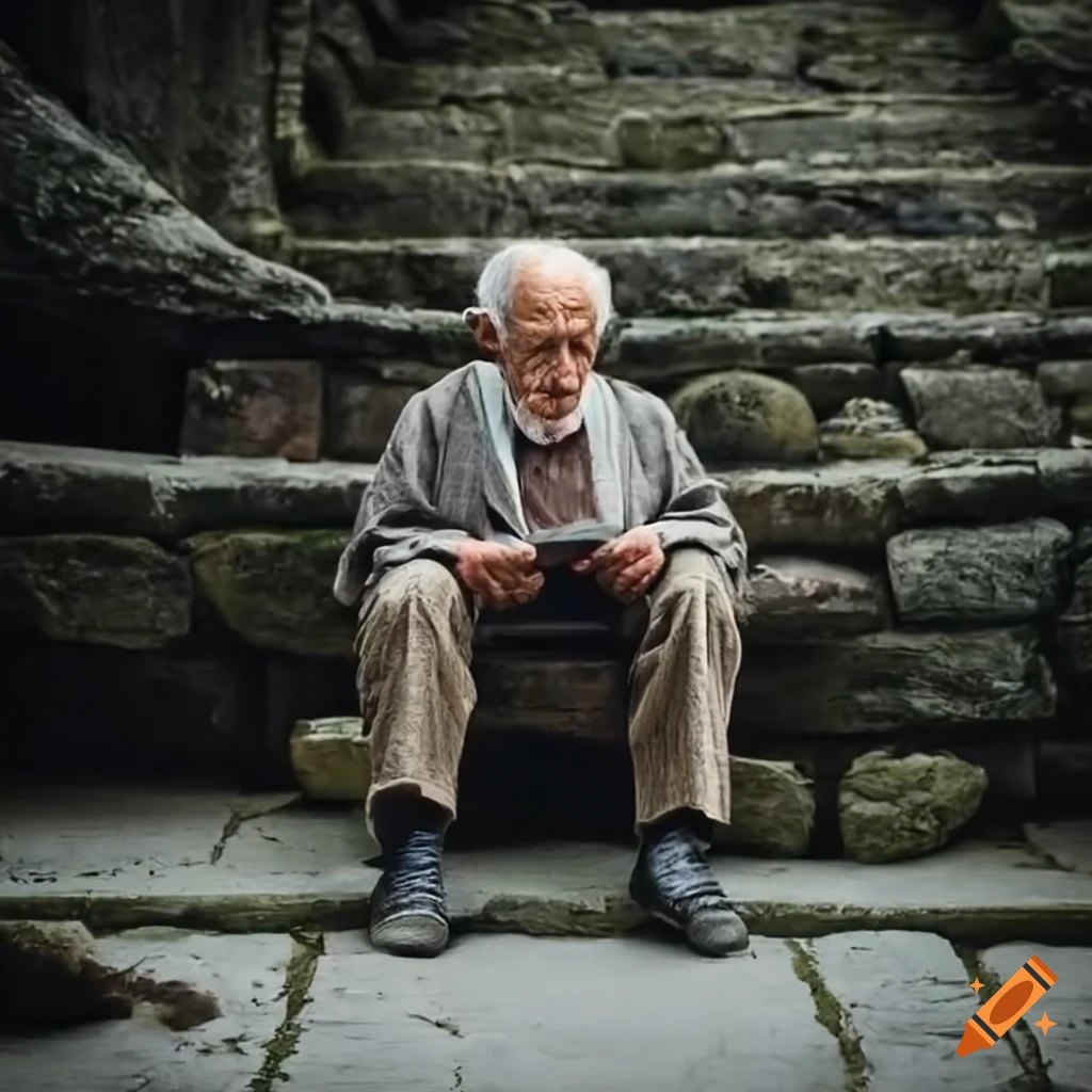 Wise elderly man reading a book on an old stone bridge