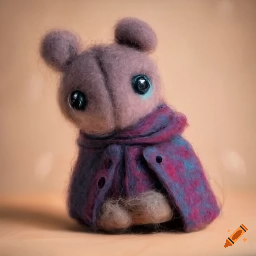Felted wool creatures in stylish outfits on textured background