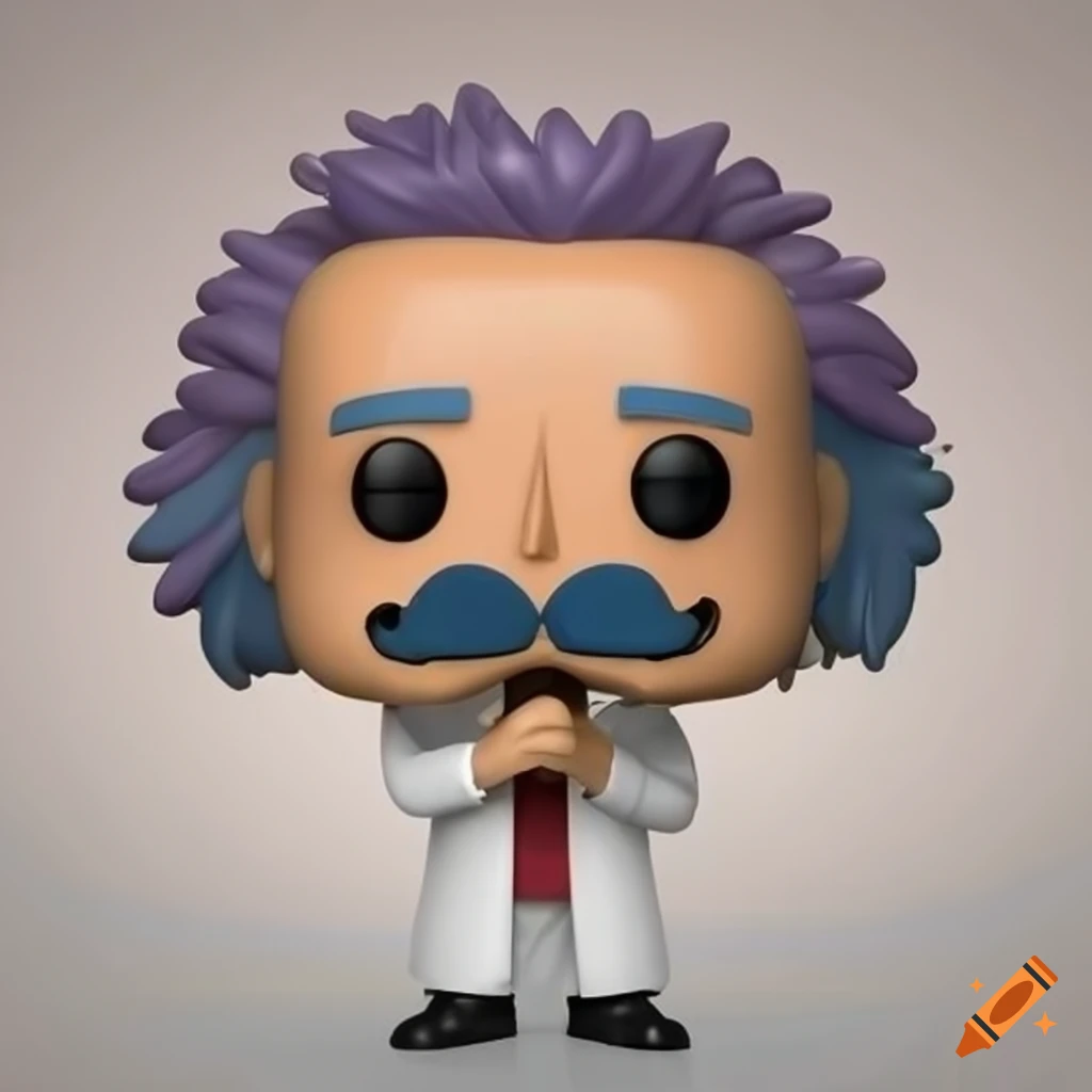 Funko Pop cartoon depicting Einstein in lab coat with moustache