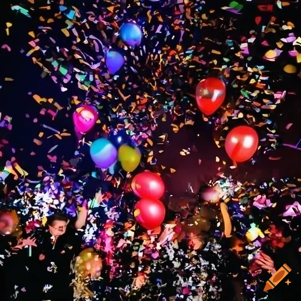 New Year's Eve celebration with confetti and balloons on Craiyon