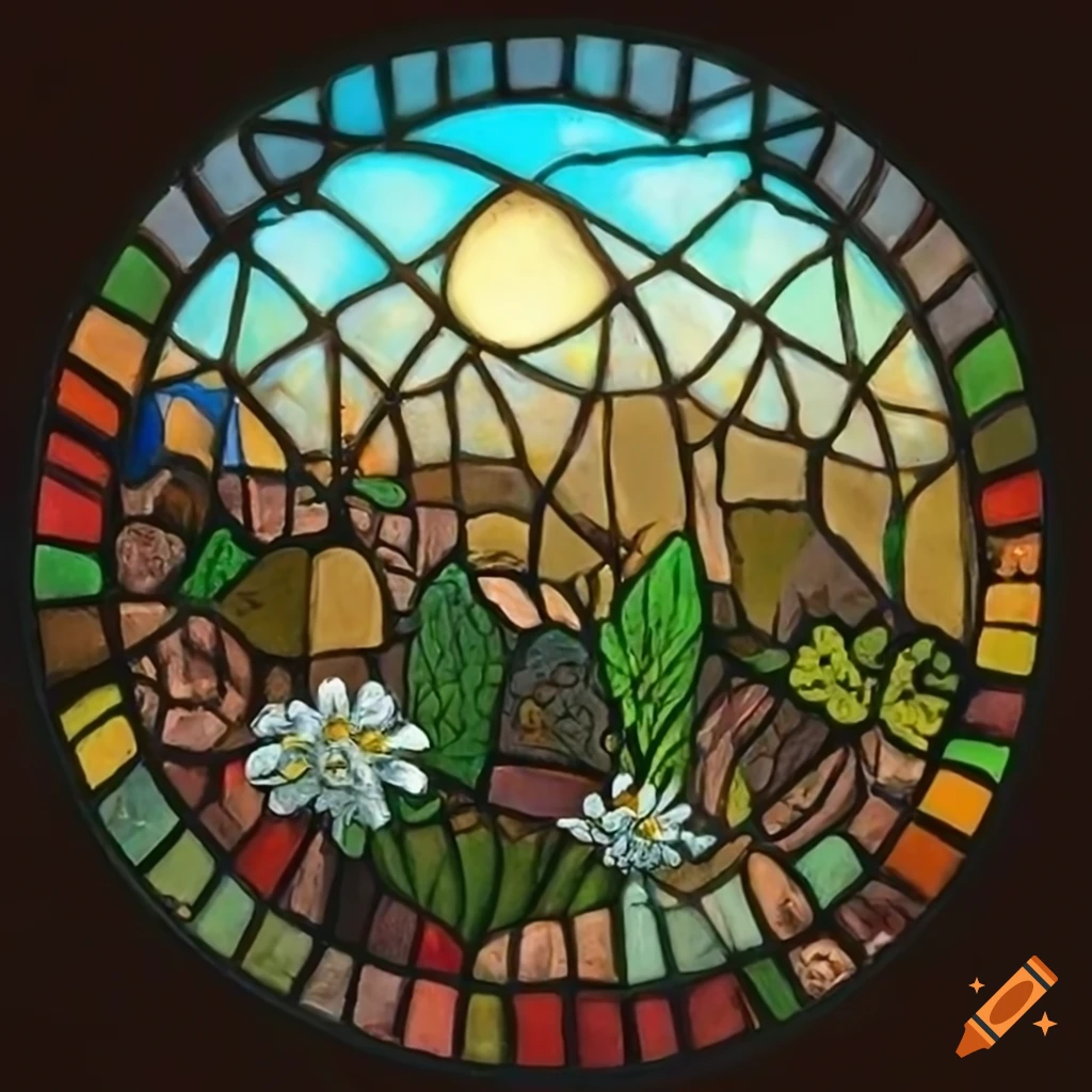 Stained glass with natureinspired landscape, mountains, sunset