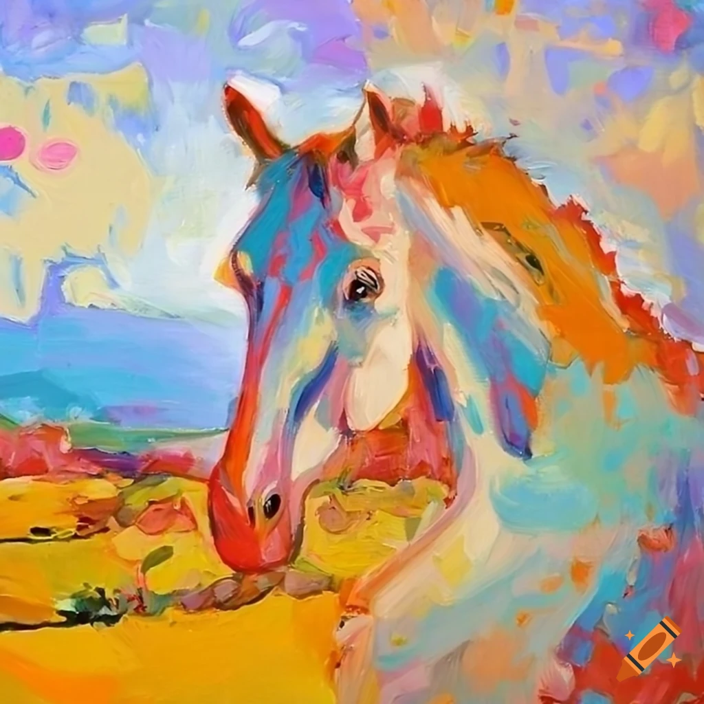 White horse in Mallorca landscape painted in fauvism style