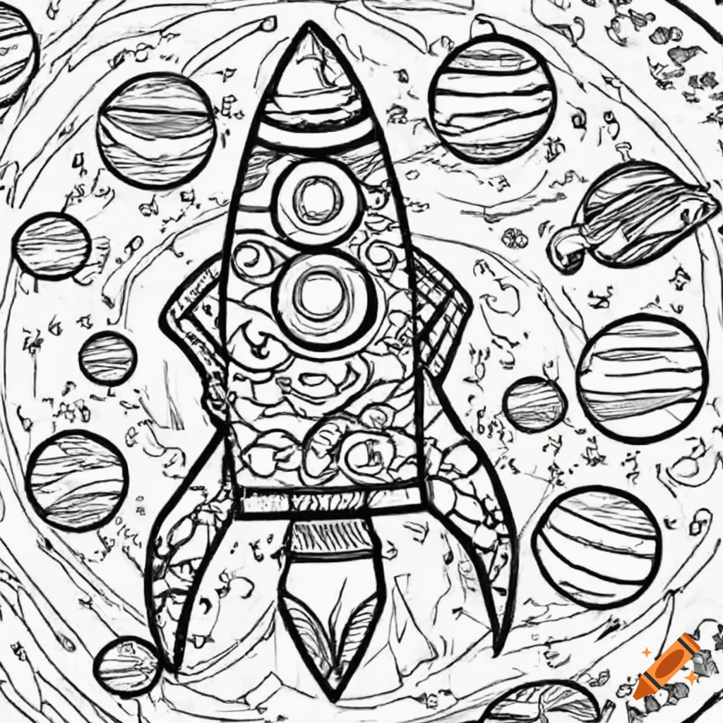 Coloring page of space planets, rockets, and a mega large design
